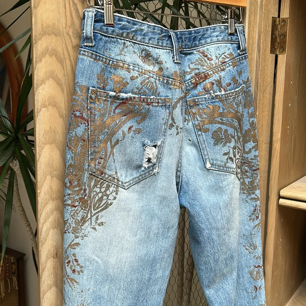 Free People Distressed Gold Paint Stencil Denim Jeans